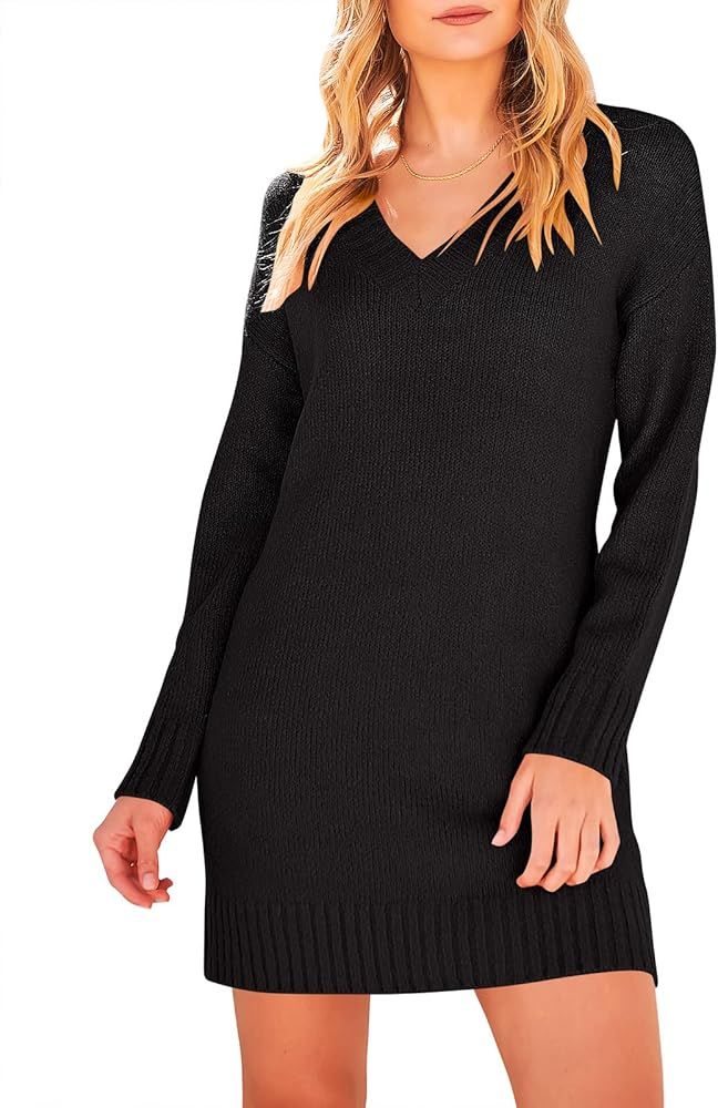 ANRABESS Women's Casual Long Sleeve V Neck Knit Mini Sweater Dress Loose Fit Ribbed Hem Pullover ... | Amazon (US)