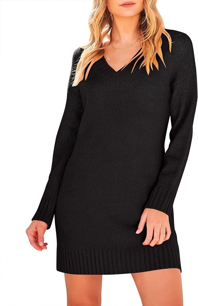 ANRABESS Women's Casual Long Sleeve V Neck Knit Mini Sweater Dress Loose Fit Ribbed Hem Pullover ... | Amazon (US)