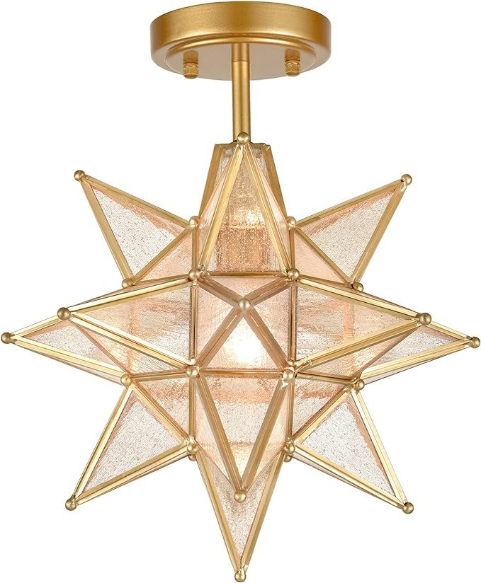SAMTEEN Moravian Star Semi Flush Mount Ceiling Light with Seeded Glass Shade 13 Inch Gold Hallway... | Amazon (US)