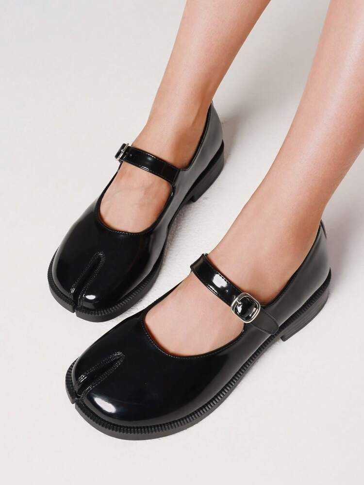 Mary Janes  For Women Round Toe Flat Shoes With Split Toe, Black Low Heel,Spring Artful Life School Style. | SHEIN