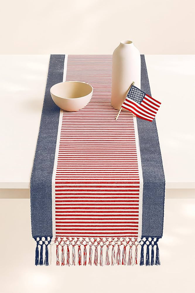 PurpleEssences 4th of July Table Runner - Wide with Dobby Stripe, Heavy Ribbed Weave & Double Kno... | Amazon (US)