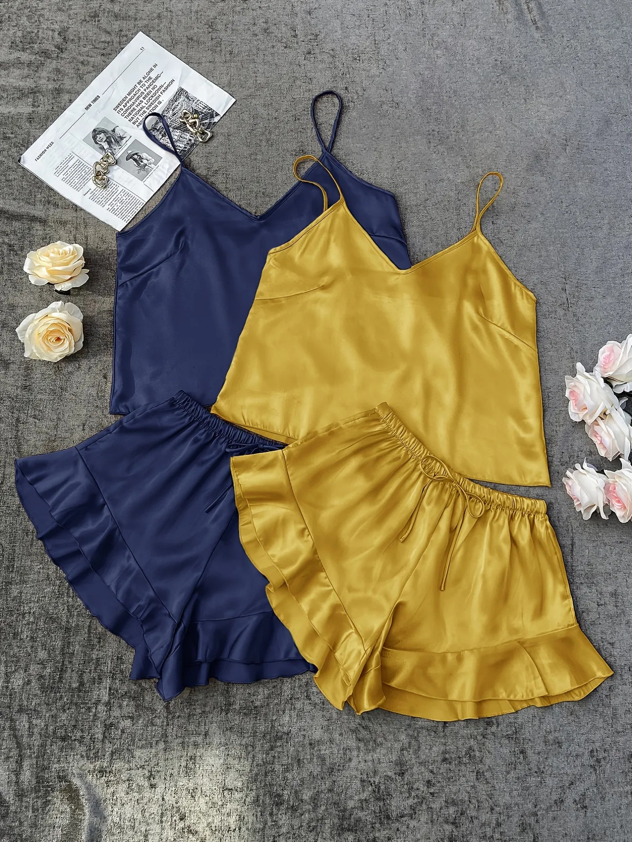 2 Sets V-neck Ruffle-trimmed Short Pajamas Set, Comfort Sleeveless Suspenders & Comfortable Short... | Temu Affiliate Program