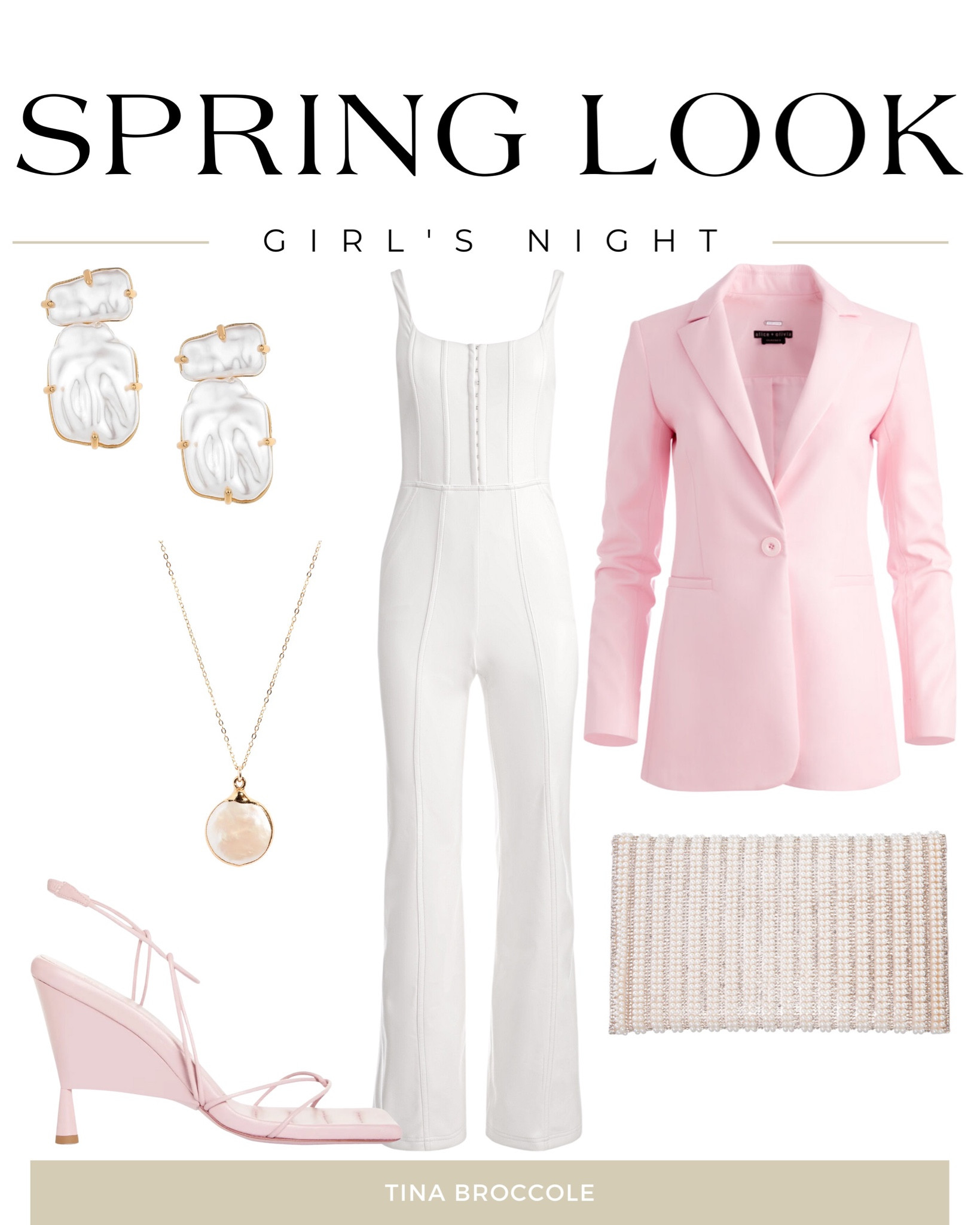 Spring - Girls Night - Pink - Blazer - Jumpsuit - White - Shoes - Heels - Clutch - Earring - Necklace

#LTKFind #LTKSeasonal #LTKstyletip