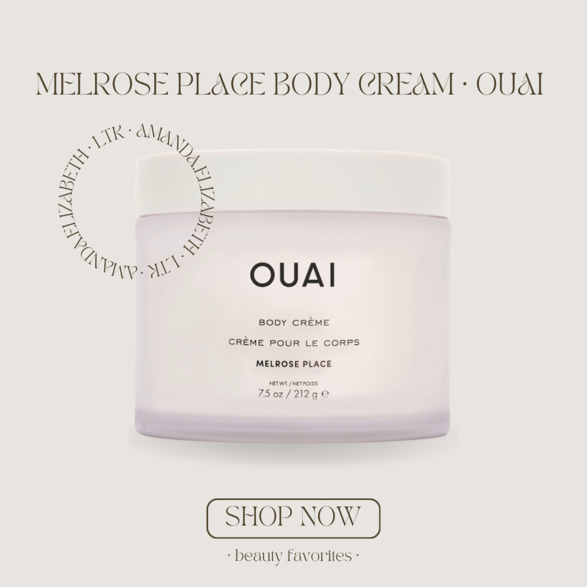 melrose place moisturizing body cream by ouai 🤍 The hydrating, whipped body cream is scented with Melrose Place: top notes of champagne, pink peppercorn, berry, and lychee; middle notes of peony, rose, freesia, jasmine, and bergamot; and base notes of amber, sandalwood, white musk, and cedar-wood.  A rose-scented, quick-absorbing, whipped body cream that provides long-lasting hydration, softness, and a visible healthy glow.

#LTKbeauty #LTKunder50 #LTKFind
