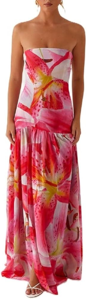 Women Floral Strapless Maxi Dress Y2K Bodycon Tube Long Dresses Sexy Party Formal Cocktail Beach ... | Amazon (US)
