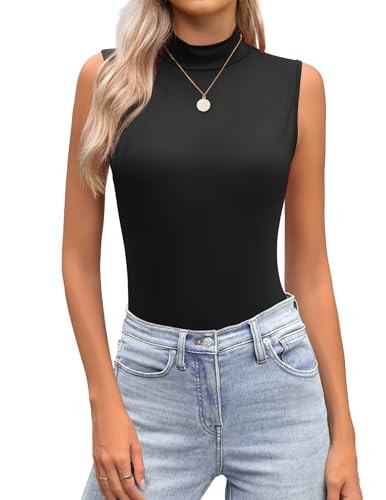 Zeagoo Womens Mock Neck Tank Tops Slim Fitted Turtleneck Sleeveless Top Stretchy Basic Casual Layer Tee Shirts A-Black | Amazon (US)