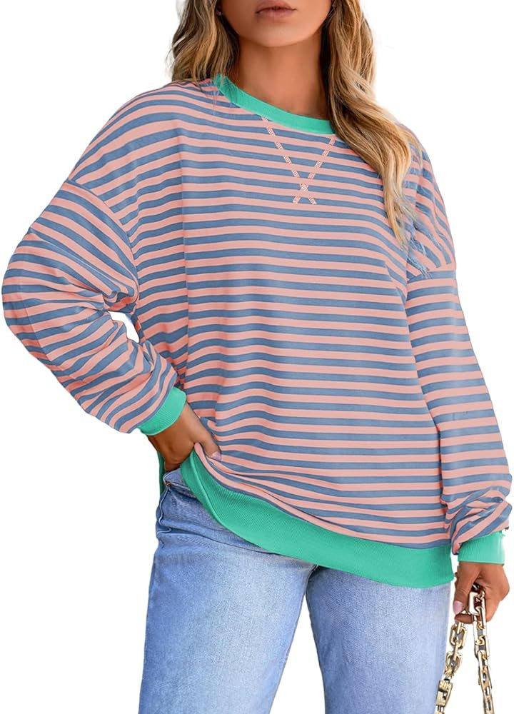 Eytino Women Plus Size Sweatshirt Striped Color Block Crew Neck Pullover Tops Long Sleeve Casual ... | Amazon (US)