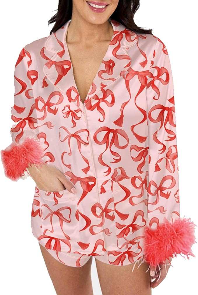 Women's Feather Pajamas with Pockets, Long Sleeve Button Up Shirt and Shorts 2 Piece Pj Set Trend... | Amazon (US)