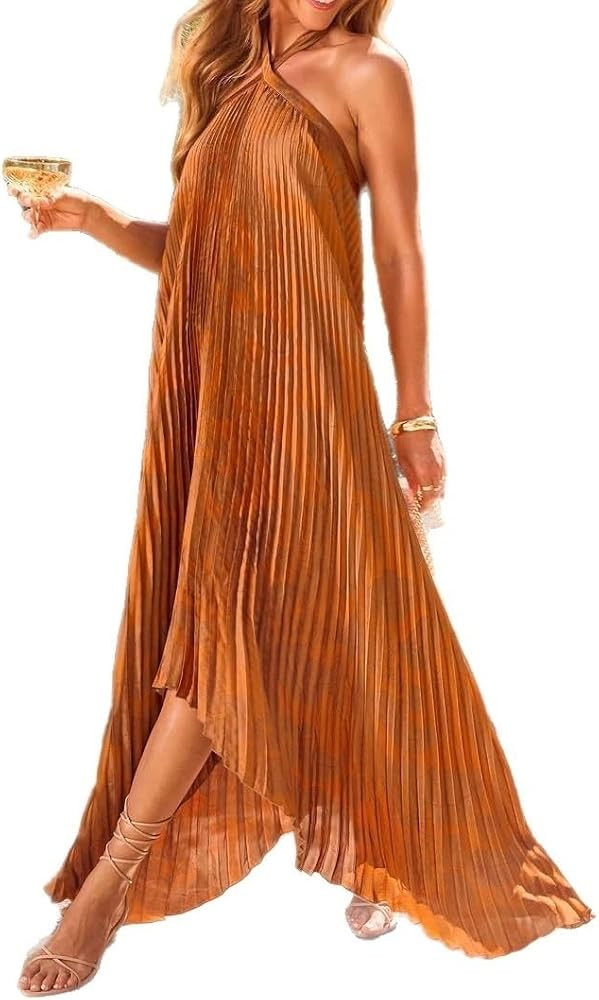 Women's Hanging Neck Backless Sexy Dress for Vacation Sleeveless Fashion Pleated Long Dress for W... | Amazon (US)