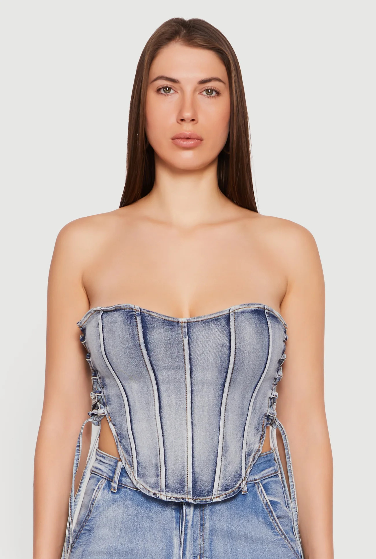 Lace Up Side Denim Corset Top | Rainbow Shops