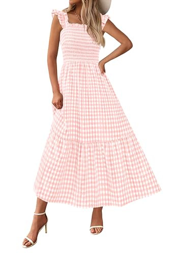 PRETTYGARDEN Women's Summer Dress Casual Square Neck Ruffle Strap Gingham Smocked Midi Flowy A Line Beach Vacation Sun Dresses 2026 (Pink, S) | Amazon (US)