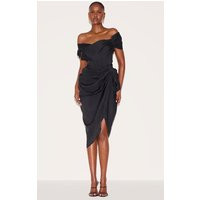Black Corset Bardot Draped Midi Dress, Black | PrettyLittleThing UK
