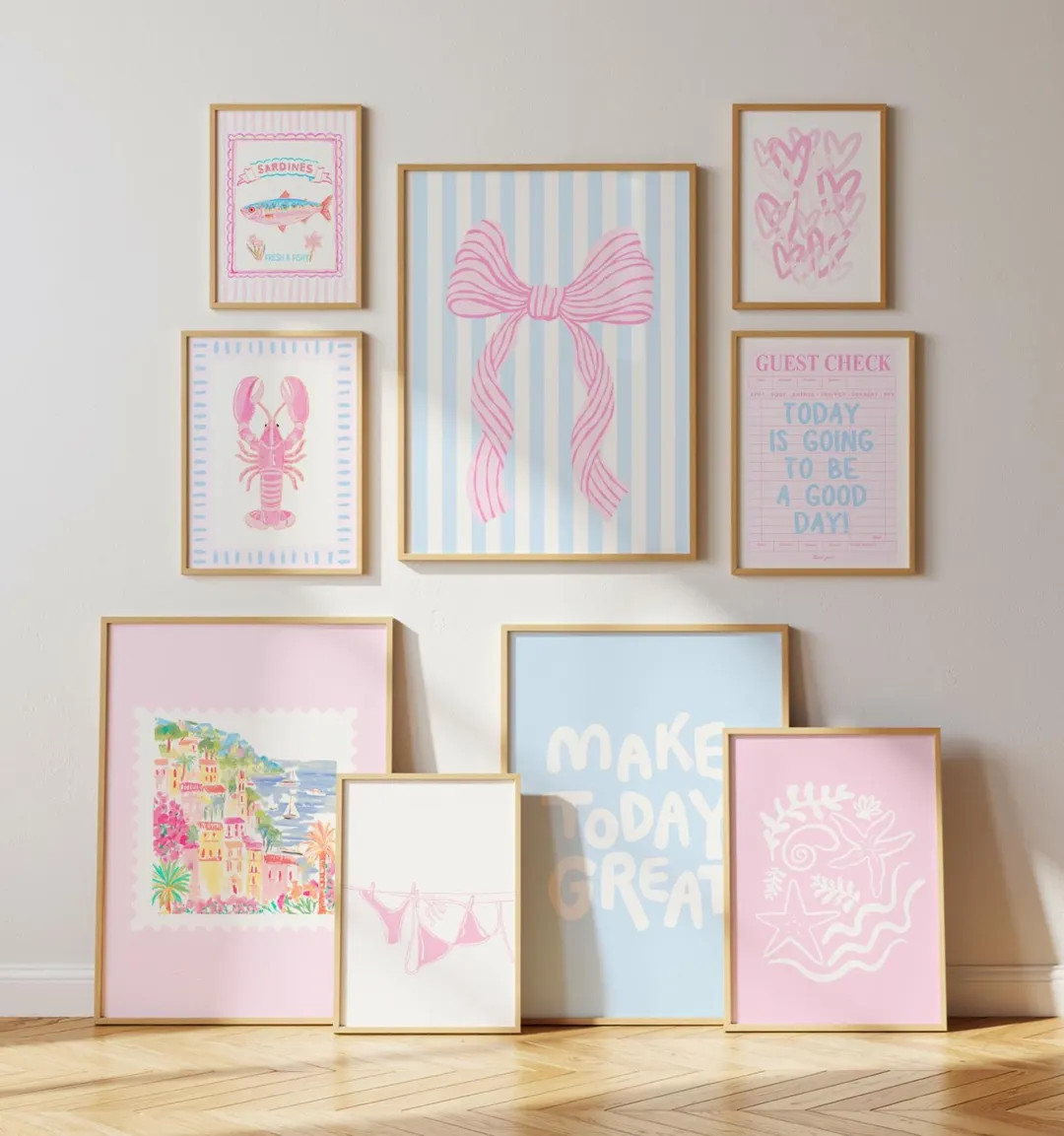 Coastal Print Set of 9 Pastel Pink Coastal Wall Art Digital Prints Coastal Granddaughter Aestheti... | Etsy (US)