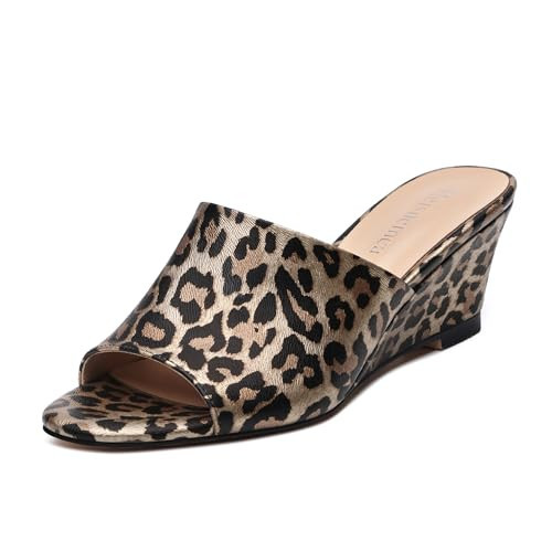 Heisnemca Leopard Print Wedge Sandals for Women Open Toe Cheetah print Wedge Heels Womens Matte High Heel Sandal Round Toe Heeled Wedge Sandals Slip on Casual shoes 2 inch Matte Size 9.5 | Amazon (US)