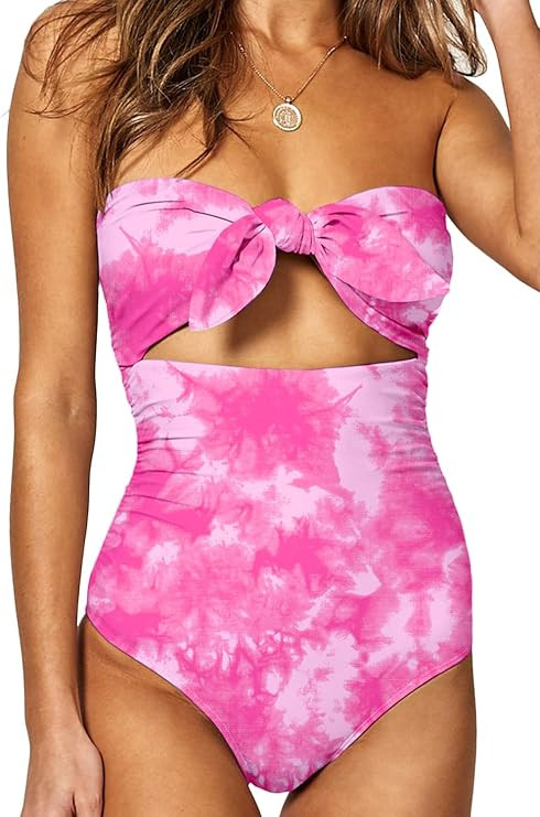 QINSEN Womens Sexy Strapless Tie Knot Front High Waist One Piece Swimsuit | Amazon (US)
