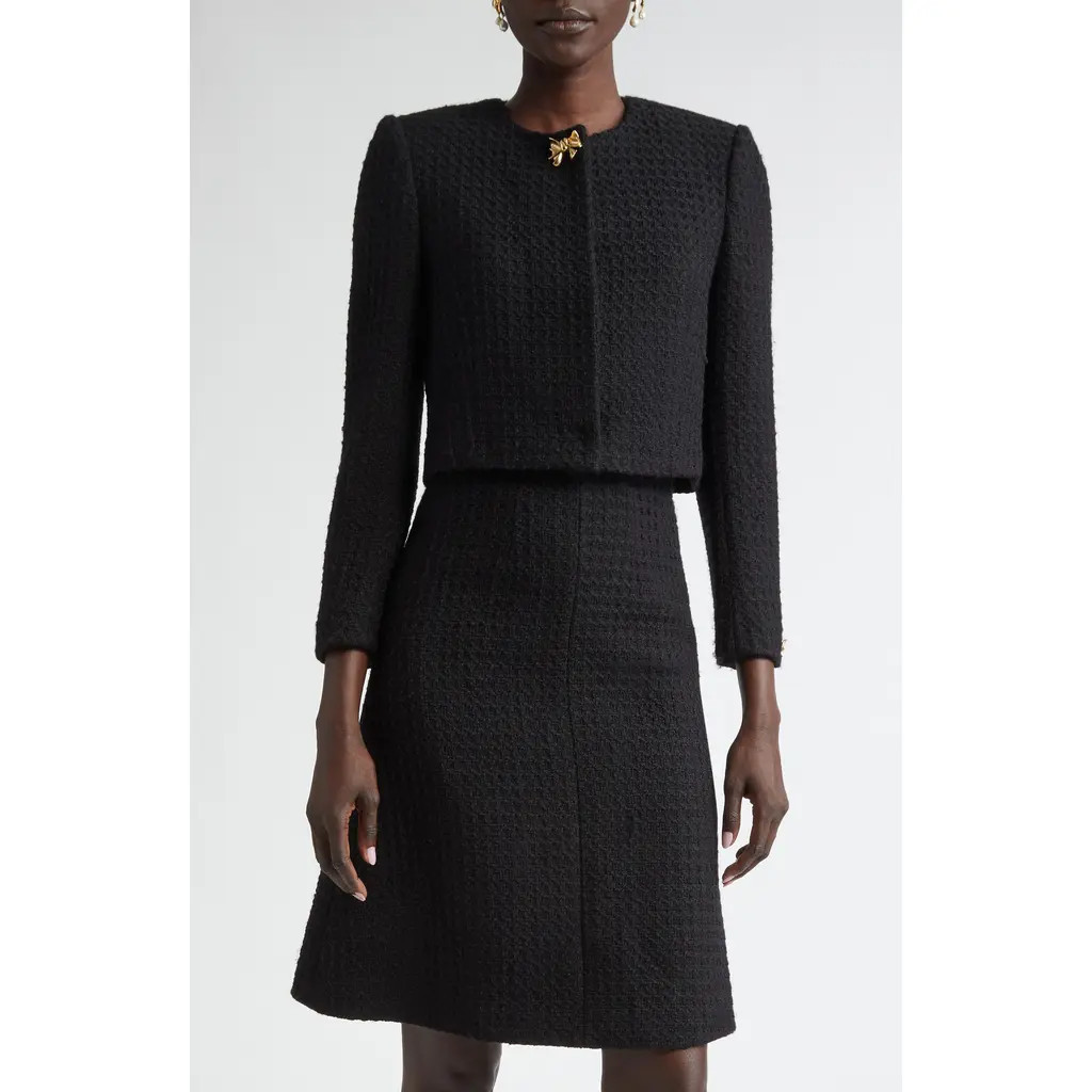 Oscar de la Renta Bow Detail Wool Tweed Crop Jacket in Black at Nordstrom, Size 12 | Nordstrom