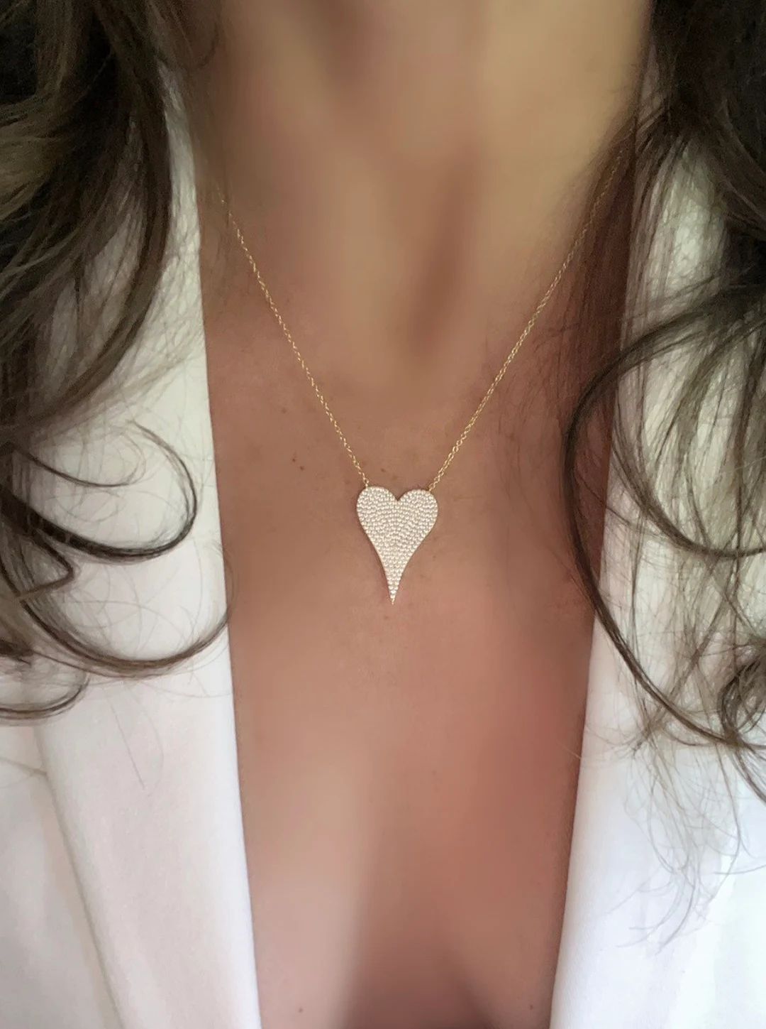 Pave Diamond Heart Necklace Elongated Heart Necklace - Etsy | Etsy (US)