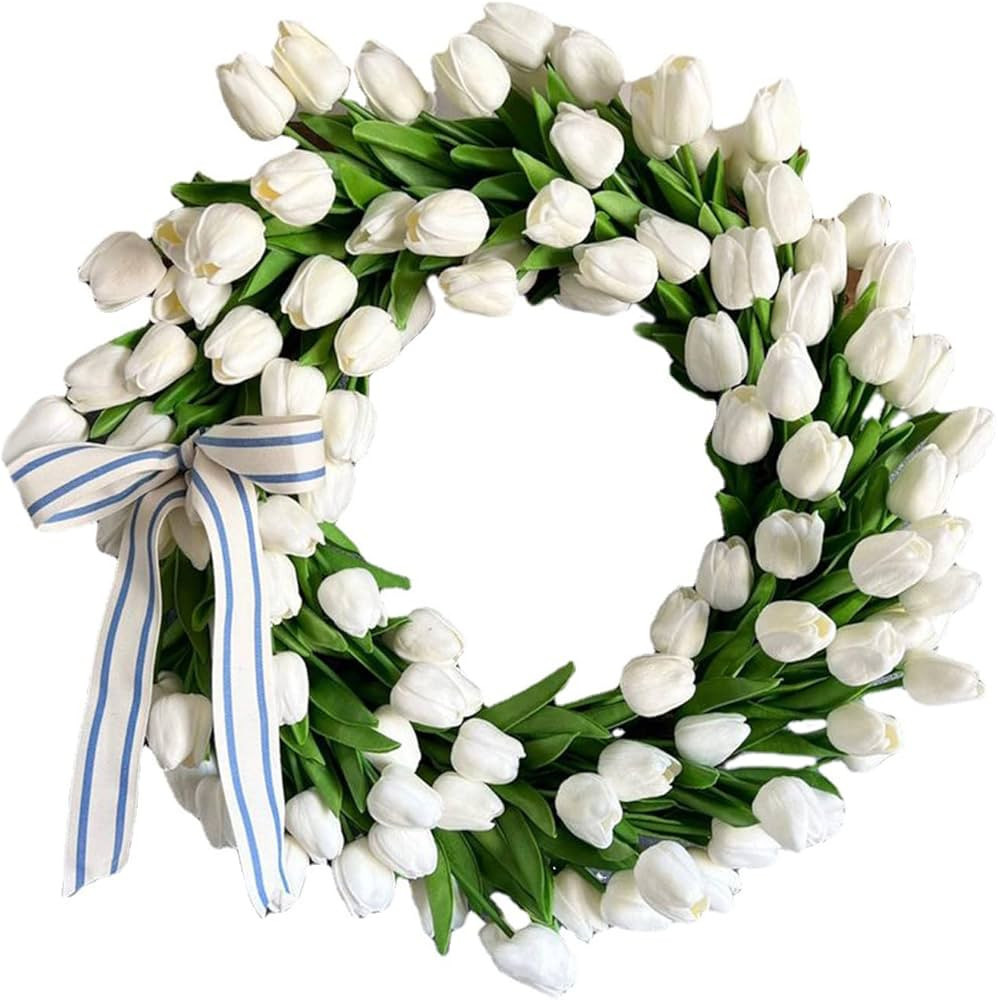 WYSRJ Artificial Tulip Flower Wreath 13.8inch White Silk Tulip Floral Wreath with Green Leaves an... | Amazon (US)