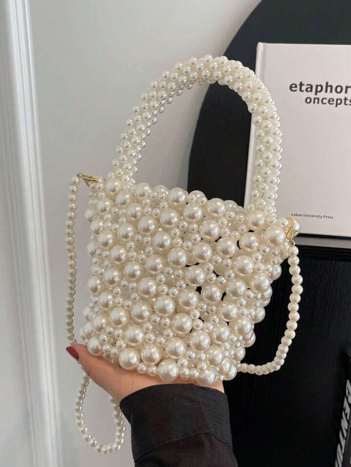 1pc Solid Color Beige Pearl Decor Woven Openwork Handmade Elegant, Sweet & Luxurious Mini Handbag... | SHEIN