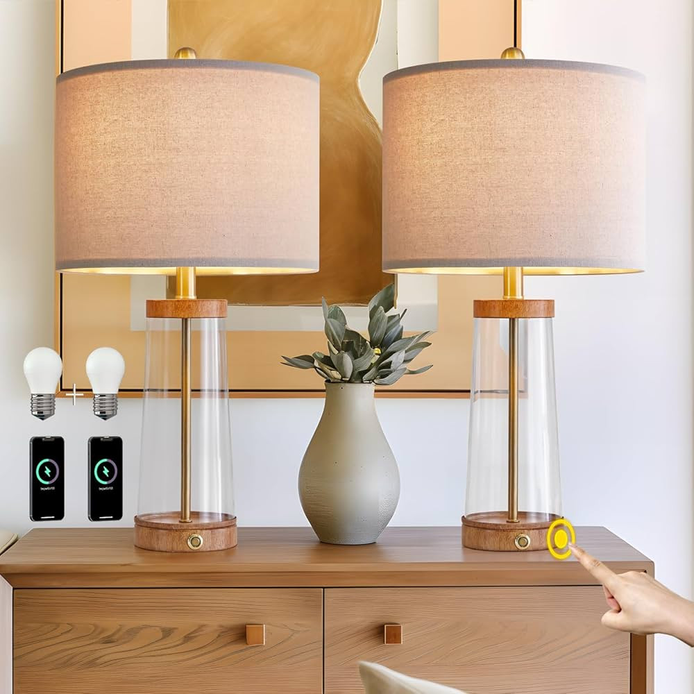 BOBOMOMO 24" USB A+C 3-Way Dimmable Touch Control Moder Table Lamp Set of 2 for Living Room Glass... | Amazon (US)
