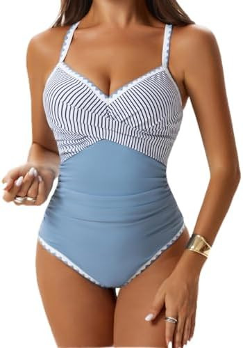 Women's One Piece Swimsuits Tummy Control V Neck Bathing Suit Tie Back Push Up Swim Suit Shell St... | Amazon (US)