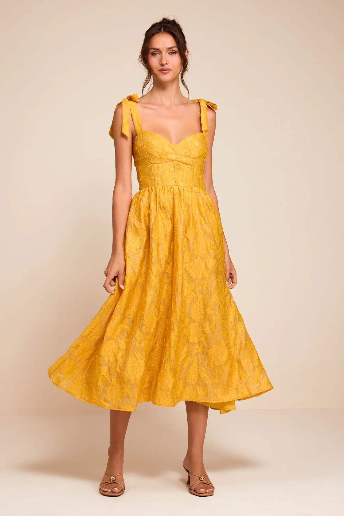 Loveliest Muse Yellow Burnout Floral Tie-Strap Midi Dress | Lulus