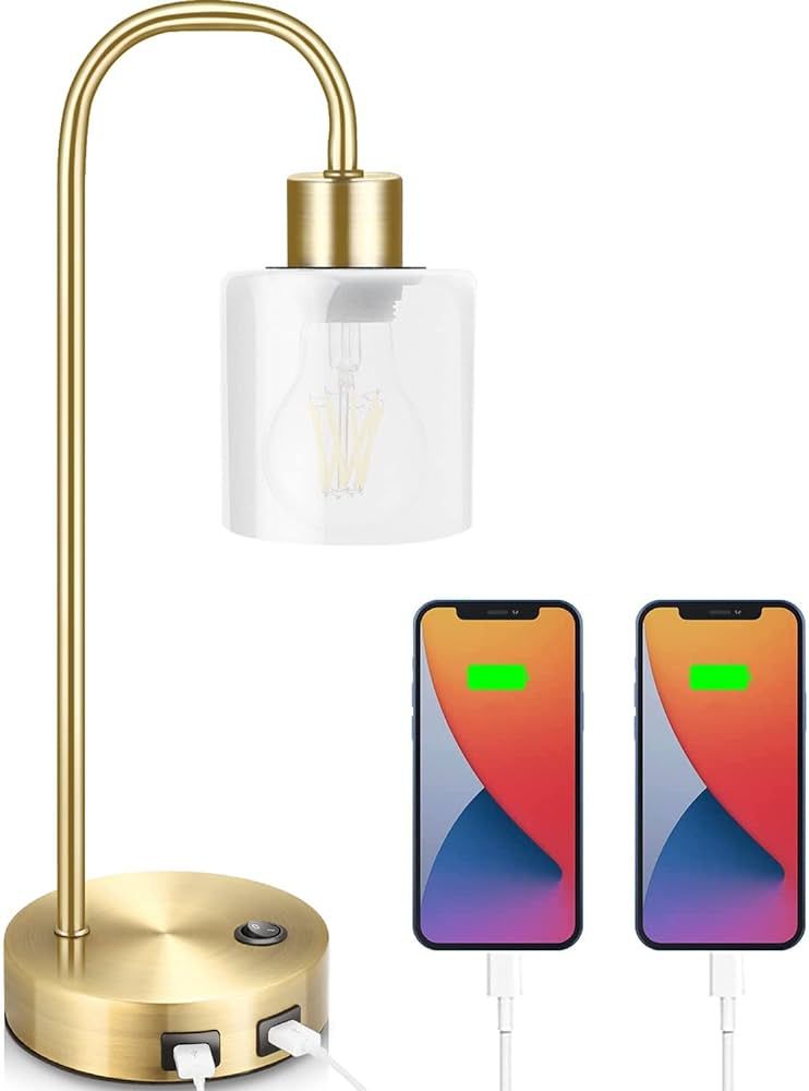 Gold Industrial Table Lamp for Bedroom, Elizabeth Vintage Bedside Lamp with USB Port, Brass Metal... | Amazon (US)