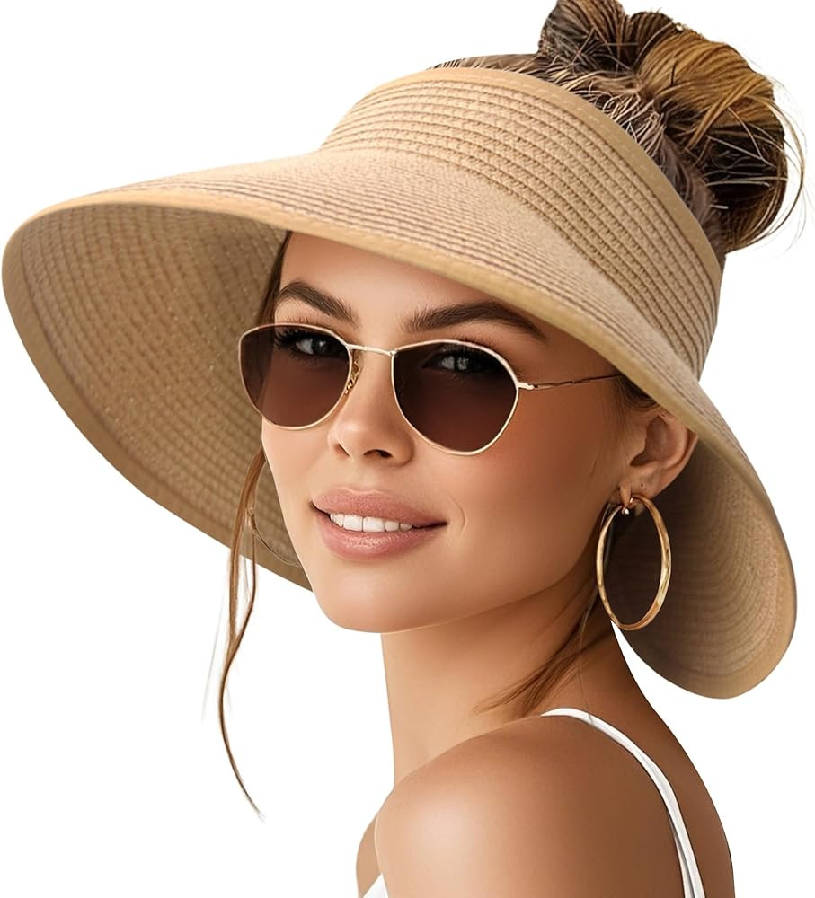 Sun Visor Hats for Women Wide Brim Ponytail Straw Beach Hat Packable Foldable UPF 50+ Floppy Trav... | Amazon (US)