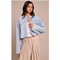 Light Blue Curved Hem Cropped Denim Jacket | PrettyLittleThing US