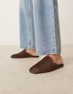 ASOS DESIGN Mimic premium flat mules in chocolate suede | ASOS (Global)