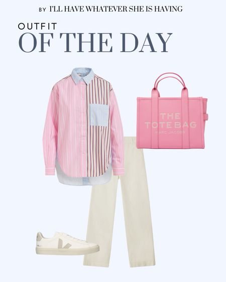 Outfit of the day - multi color oversized pink shirt  with white pants, paired with white sneakers and a pink tote bag

#LTKSpringSale #LTKitbag #LTKshoecrush