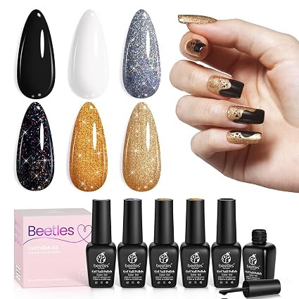 Beetles Shimmer Gel Nail Polish Set, 6 Colors Black White Polish Gel Silver Rose Gold Glitter Fal... | Amazon (US)