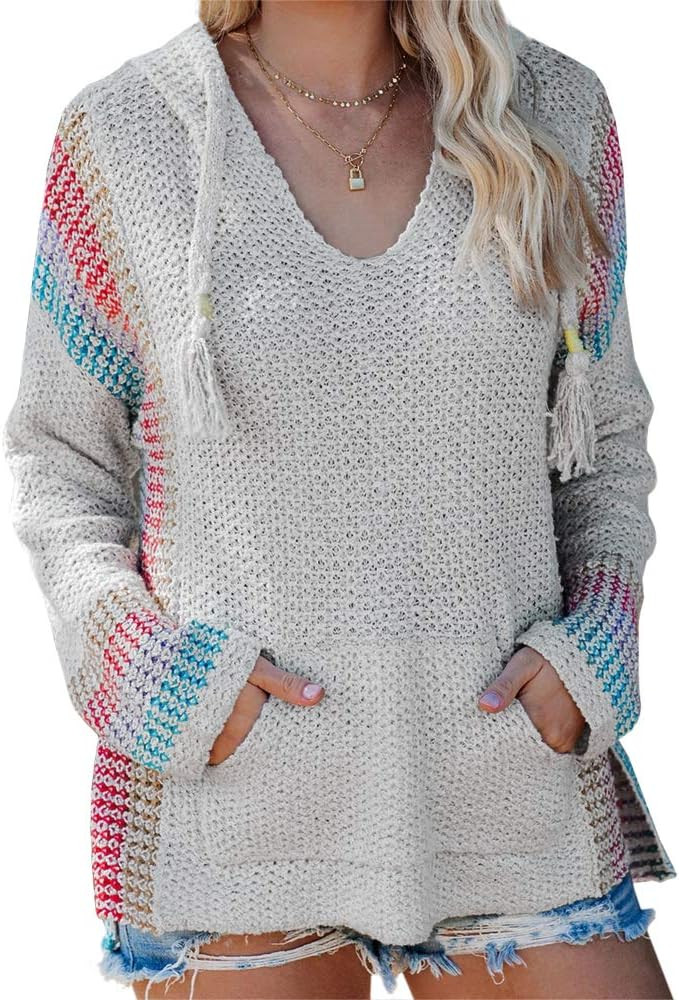FERBIA Women Boho Sweater Hooded Hoodie Baja Colorblock Pullover Striped V Neck Mexican Knit Christm | Amazon (US)