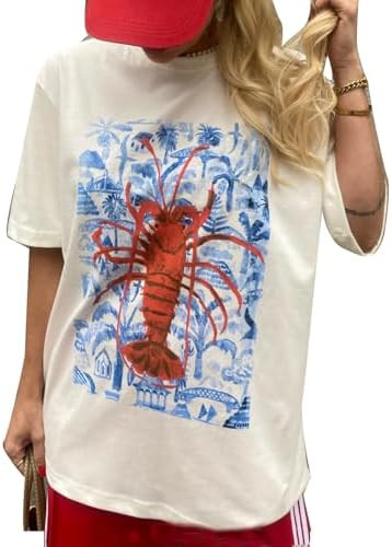 Women Cute Graphic Oversized Tees Fish Lobster Printed Y2K Baggy T Shirts Teen Girls Preppy Vinta... | Amazon (US)