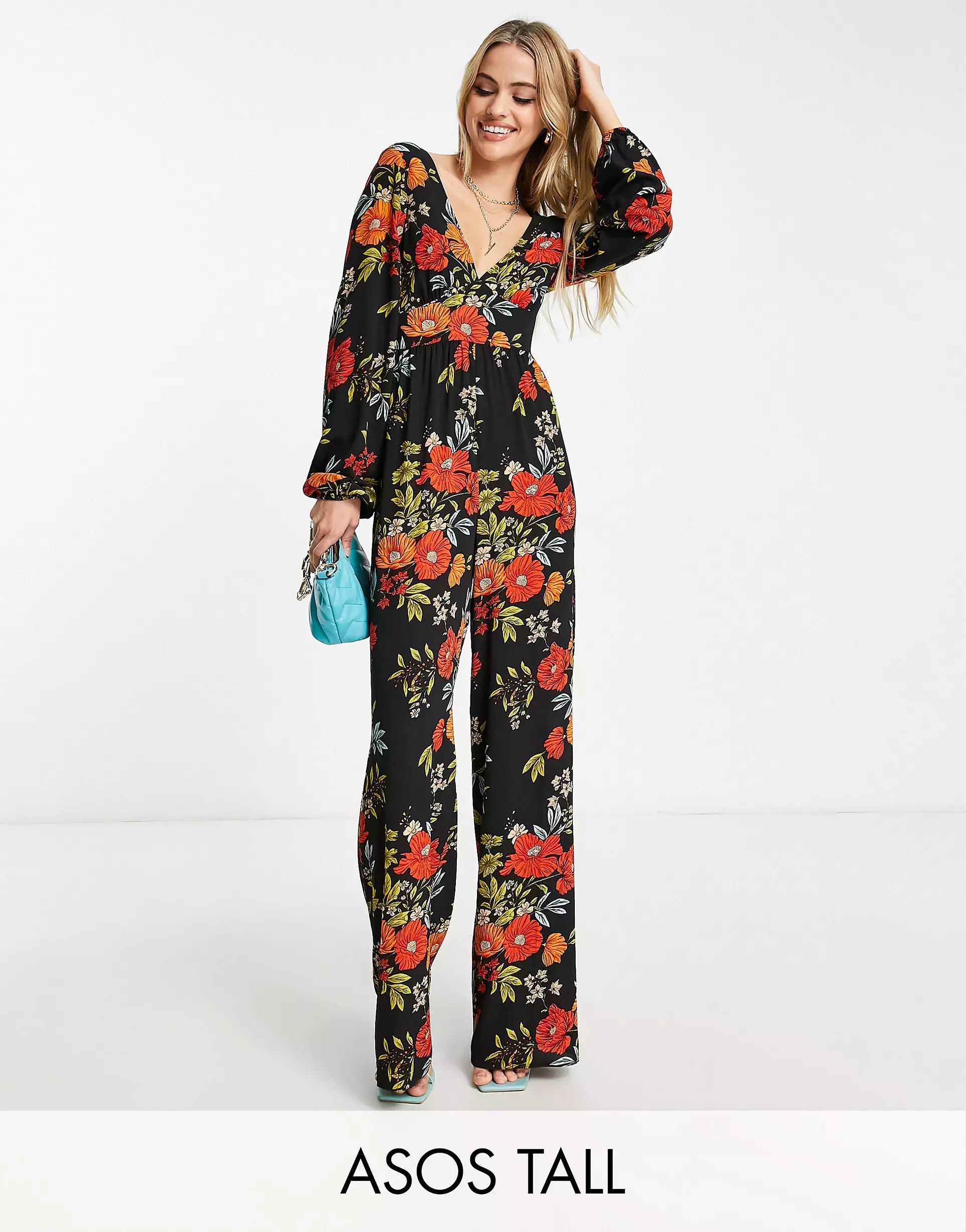 ASOS DESIGN Tall bubble crepe button back long sleeve jumpsuit in floral print | ASOS (Global)