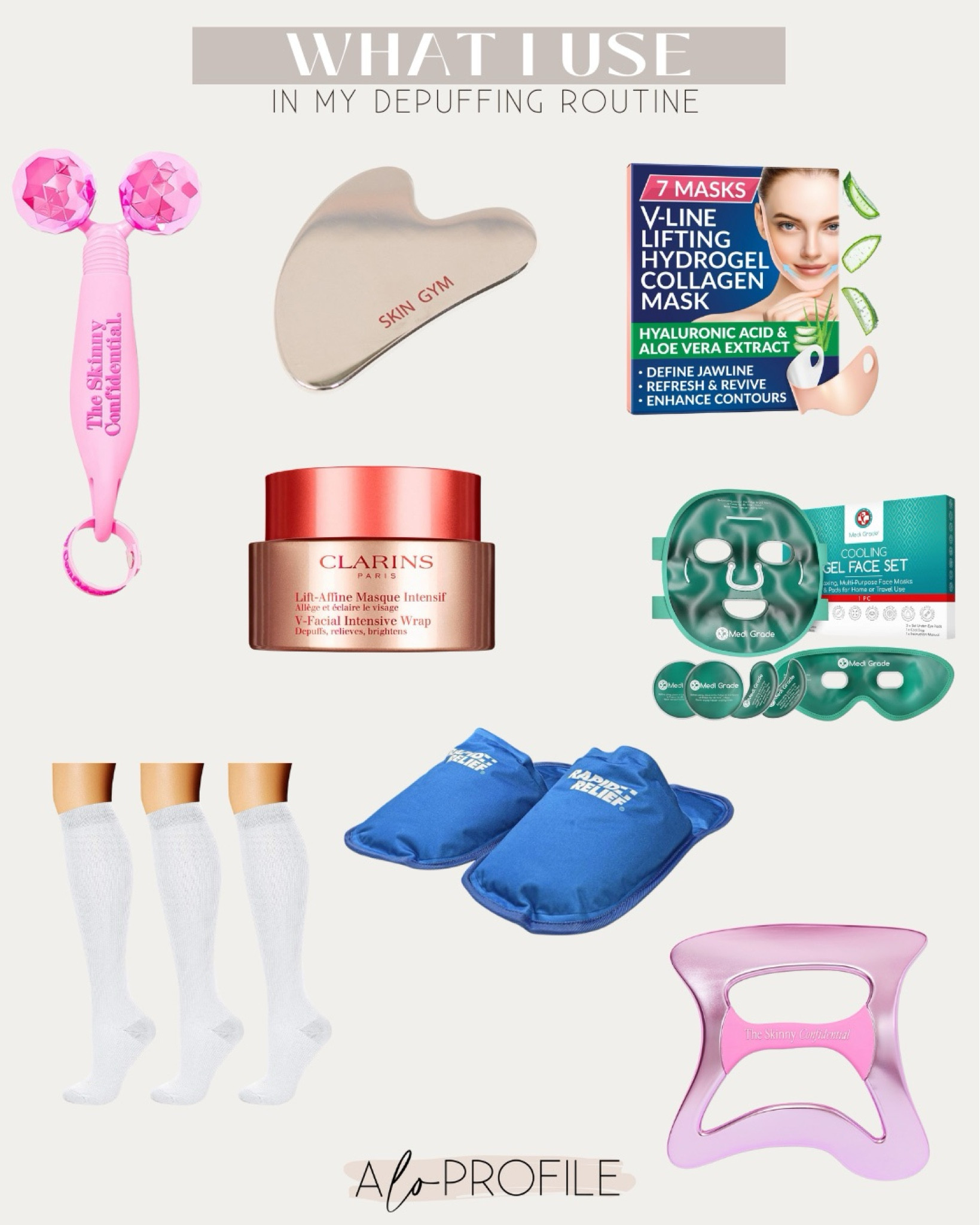 What I use in my depuffing routine. I use my face roller & gua sha every morning & have also been using the rolller at night, then rotating through the other masks— sometimes doing 2! I sleep in compression socks every night, too. 

#LTKBump #LTKBeauty #LTKBaby