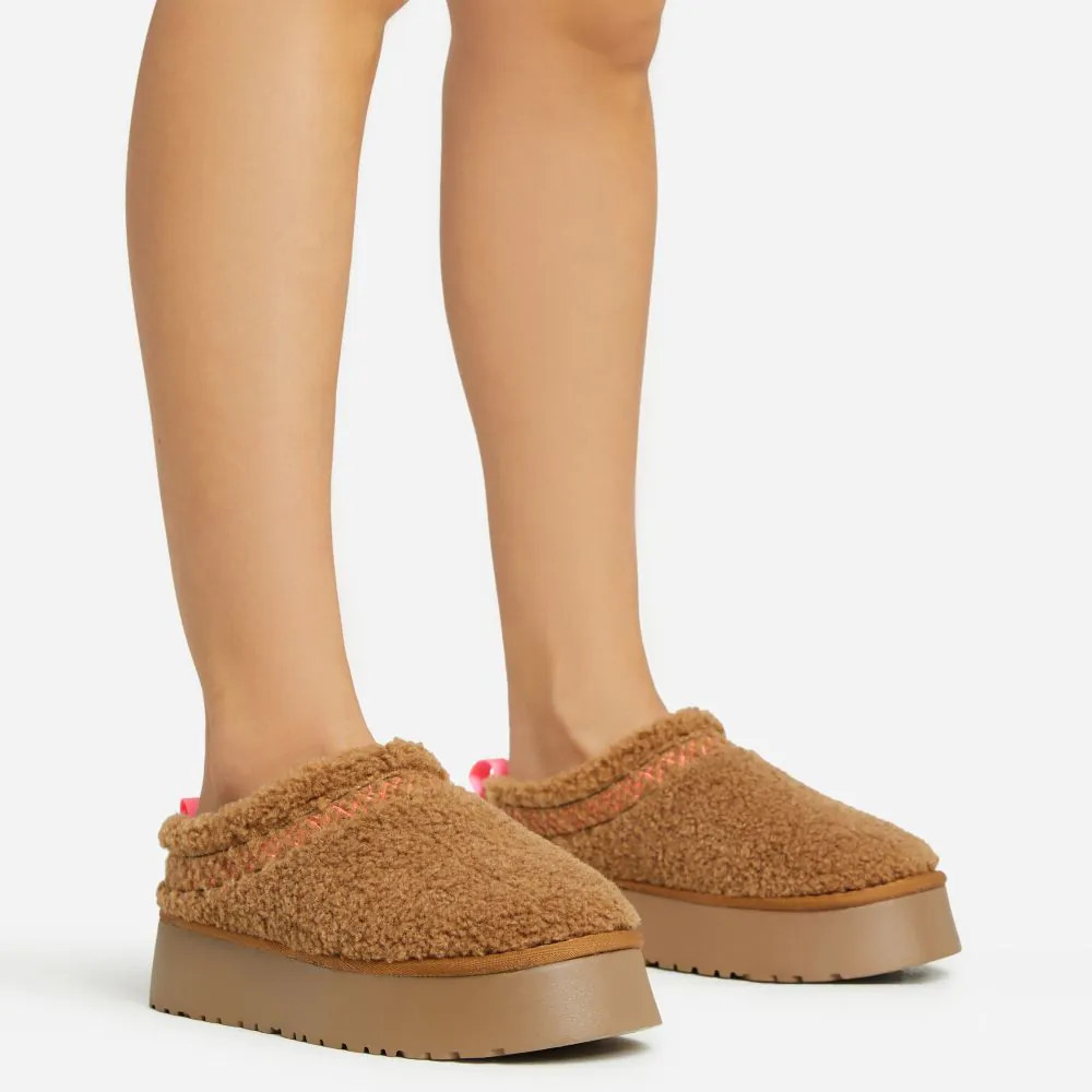 Tabbi Aztec Detail Platform Slipper In Chestnut Faux Shearling | EGO Shoes (US & Canada)