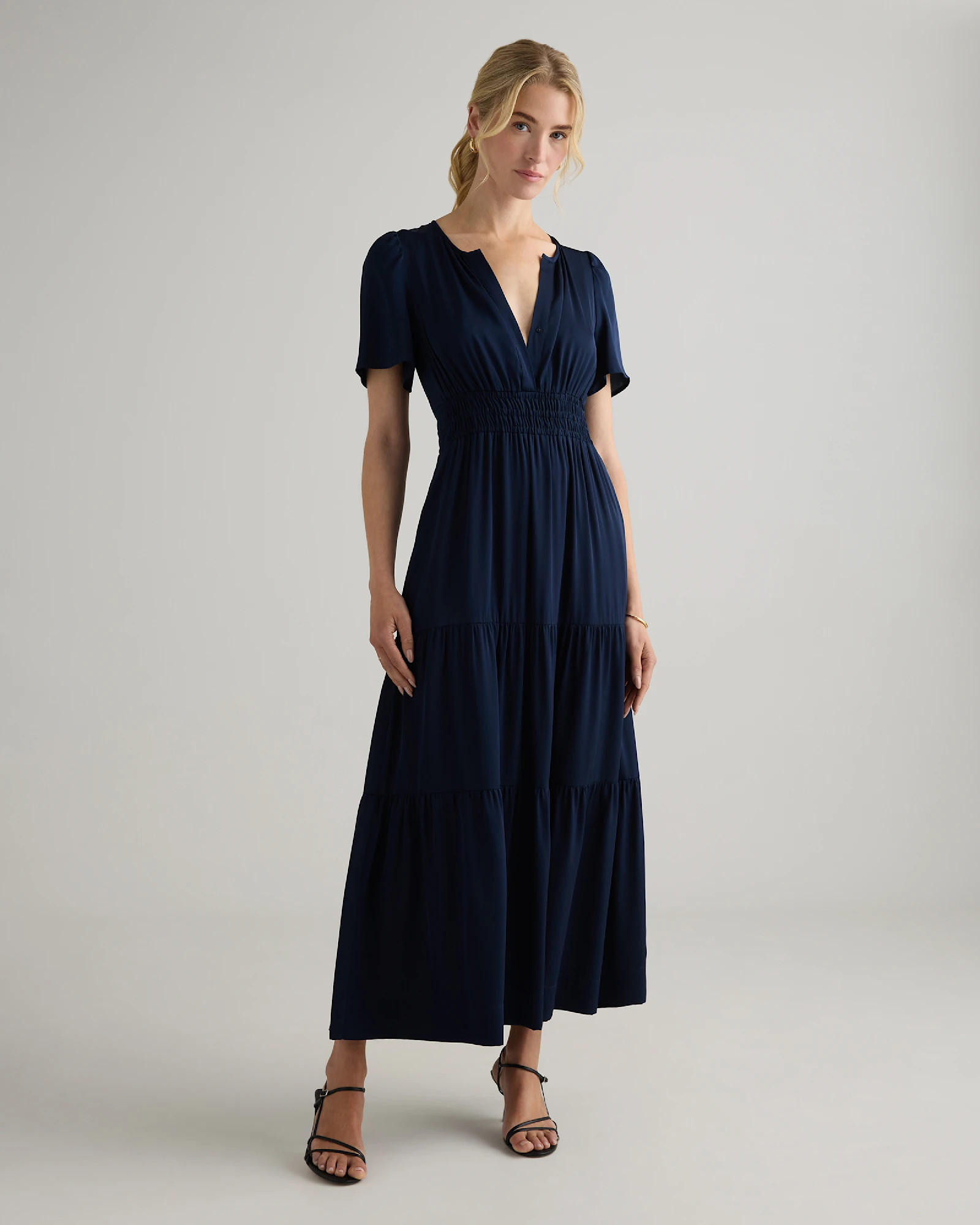Washable Stretch Silk Tiered Maxi Dress in Navy | Quince