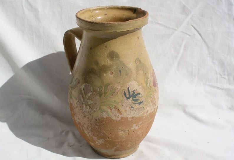 Antique Folk Stoneware Pitcher, Flower Decorated Cream Colored Water Jug - Etsy | Etsy (US)