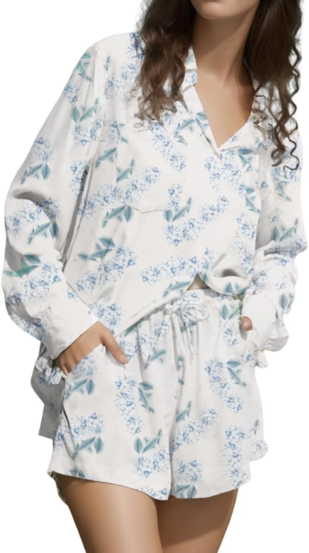 Womens Long Sleeve Printed Pajama Sets Button Down 2 Piece Shorts Sets Soft Loungewear | Amazon (US)