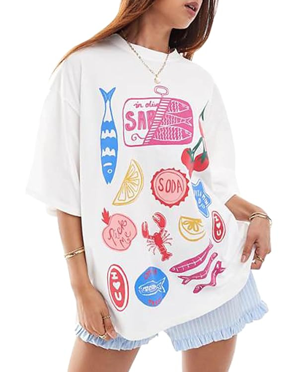 Women Y2k Oversized Summer Tops Cute Fruit Loose Fit Vintage T Shirts Crew Neck Aesthetic Graphic... | Amazon (US)