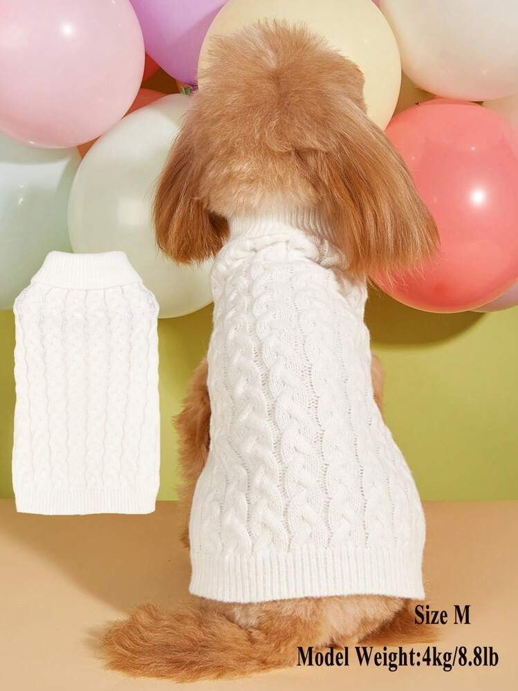 1pc White European And American Pet Clothes New Style High Collar Solid Color Cable Knit Design T... | SHEIN