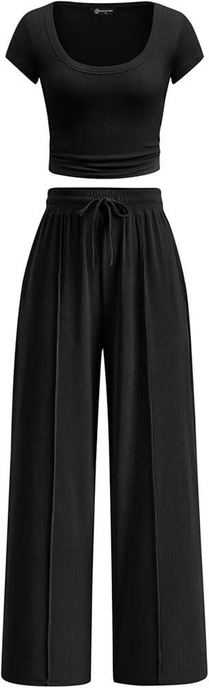 PRETTYGARDEN Women's 2 Piece Matching Lounge Sets Ribbed Short Sleeve Crop Tops Wide Leg Pants 20... | Amazon (US)