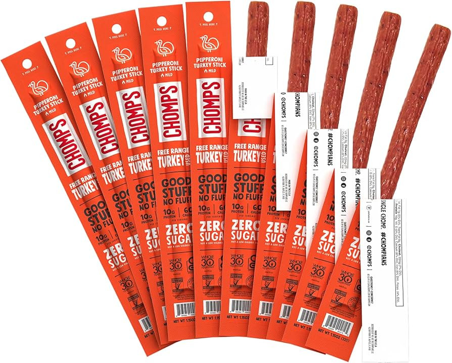 CHOMPS Free Range Pepperoni Turkey Jerky Meat Snack Sticks, Keto, Paleo, Whole30 Approved, Low Ca... | Amazon (US)