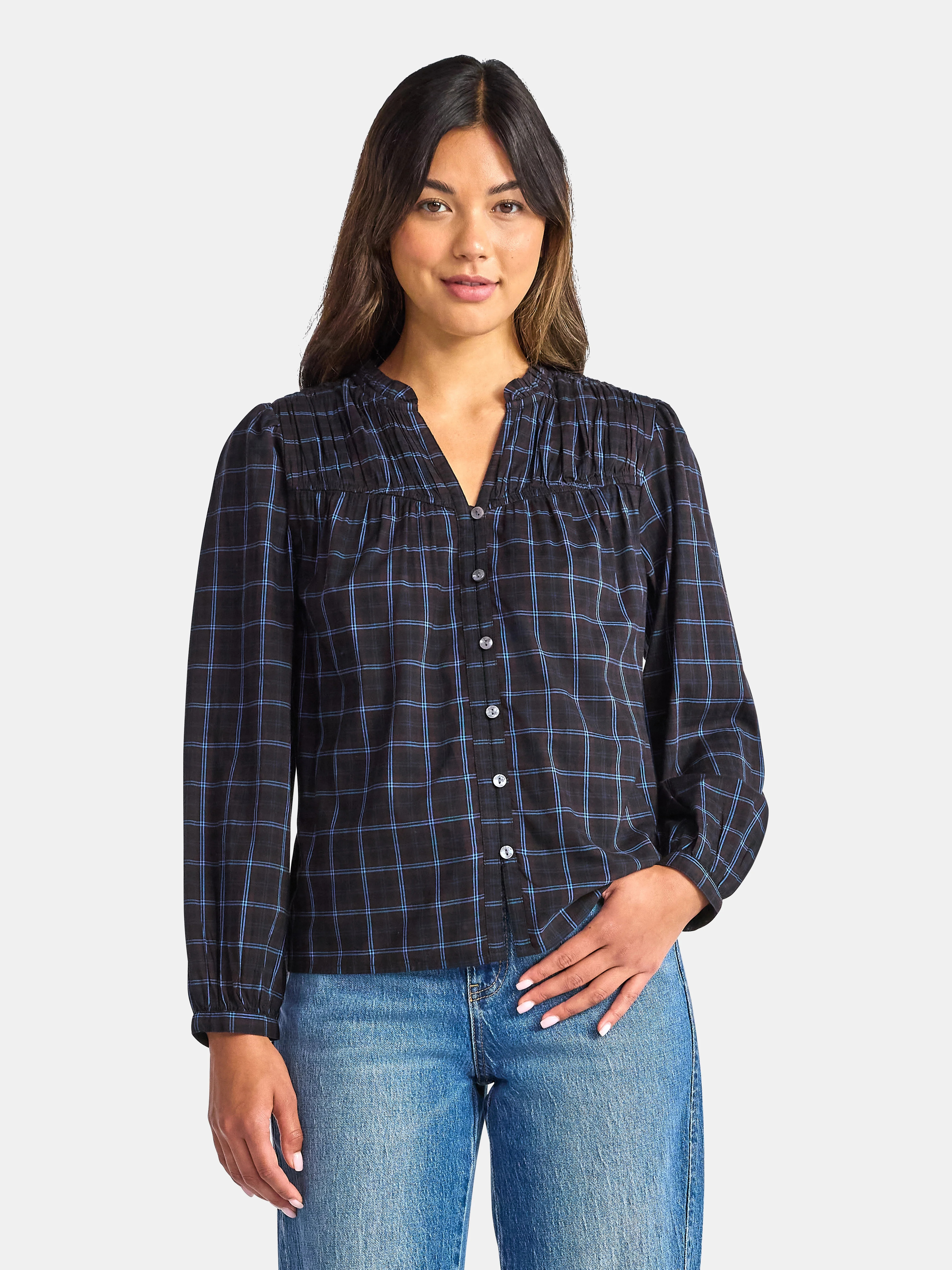 Time and Tru Women's Ruched Yoke Blouse with Long Sleeves, Sizes XS-XXXL | Walmart (US)