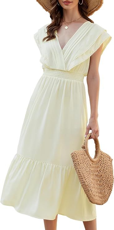 JULYCLO Women's Summer Midi Dress: V Neck Cap Sleeve Dresses - A Line Swing Flowy Wedding Guest D... | Amazon (US)
