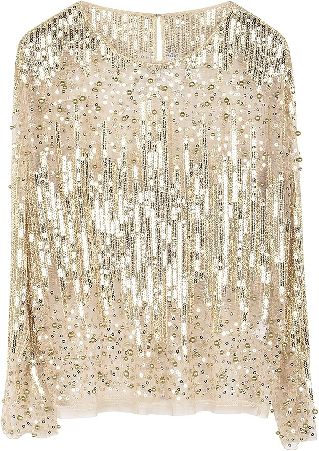 PrettyGuide Women's Sequin Blouse See Through Party Tops Beaded Sparkly Shirts | Amazon (US)