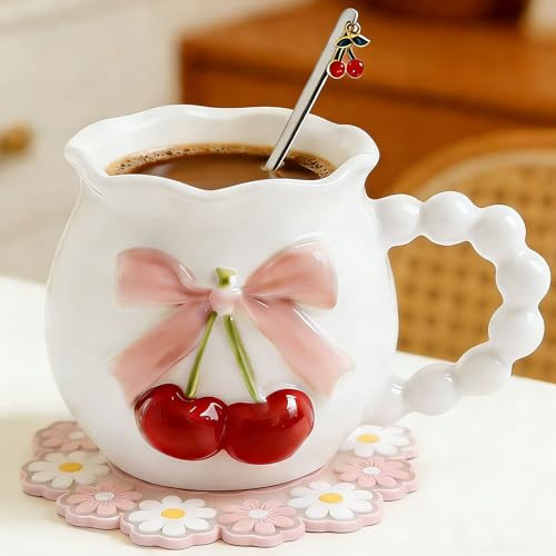 Disoza Bow Cherry Coffee Mug Coquette Porcelain Coffee Tea Cup 11.5 OZ White Ceramic Coffee Cup Bow Cute Personalized Mug for Women Girl | Amazon (US)