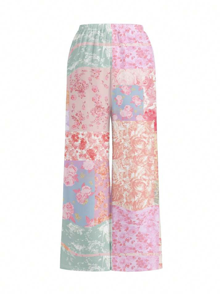 SHEIN MOD Women's Casual Loose Allover Print Wide Leg Straight Thin Pants, Suitable For Spring And Autumn,Baggy ,Wide Leg ,Casual,Hawaiian , Boho,Tropical ,Vacation Pants | SHEIN