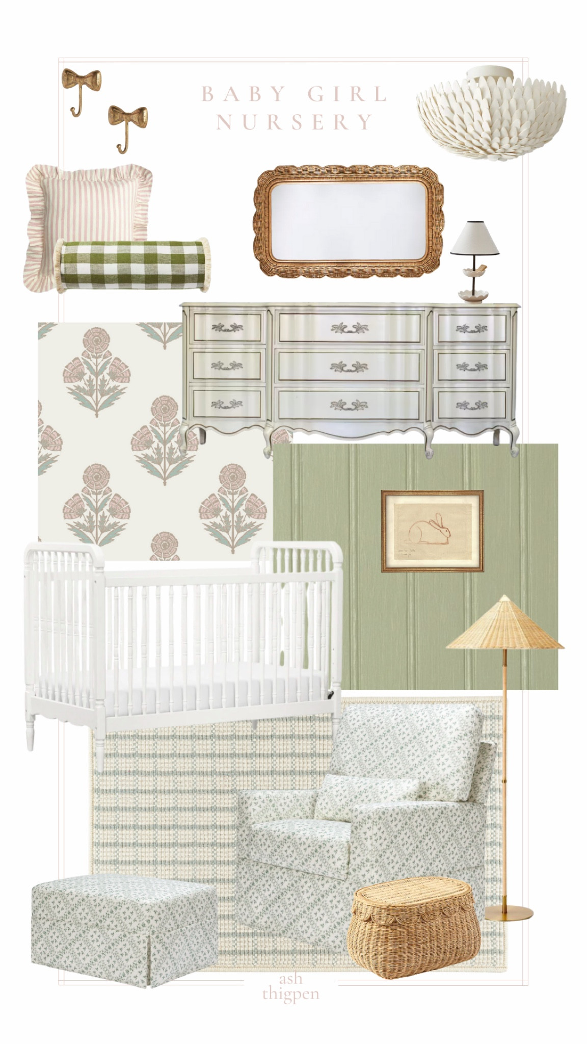 Baby Girl Nursery // crib, glider, rug, floor lamp, trinket lamp, rattan mirror, pillows, bow hooks, light fixture, flush mount, bunny art

#LTKhome #LTKbaby